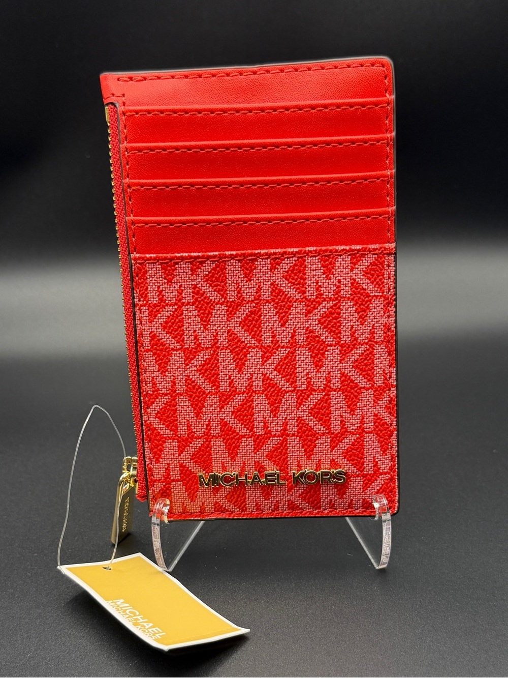 Michael Kors Red MK Signature Card Holder with Gold Logo